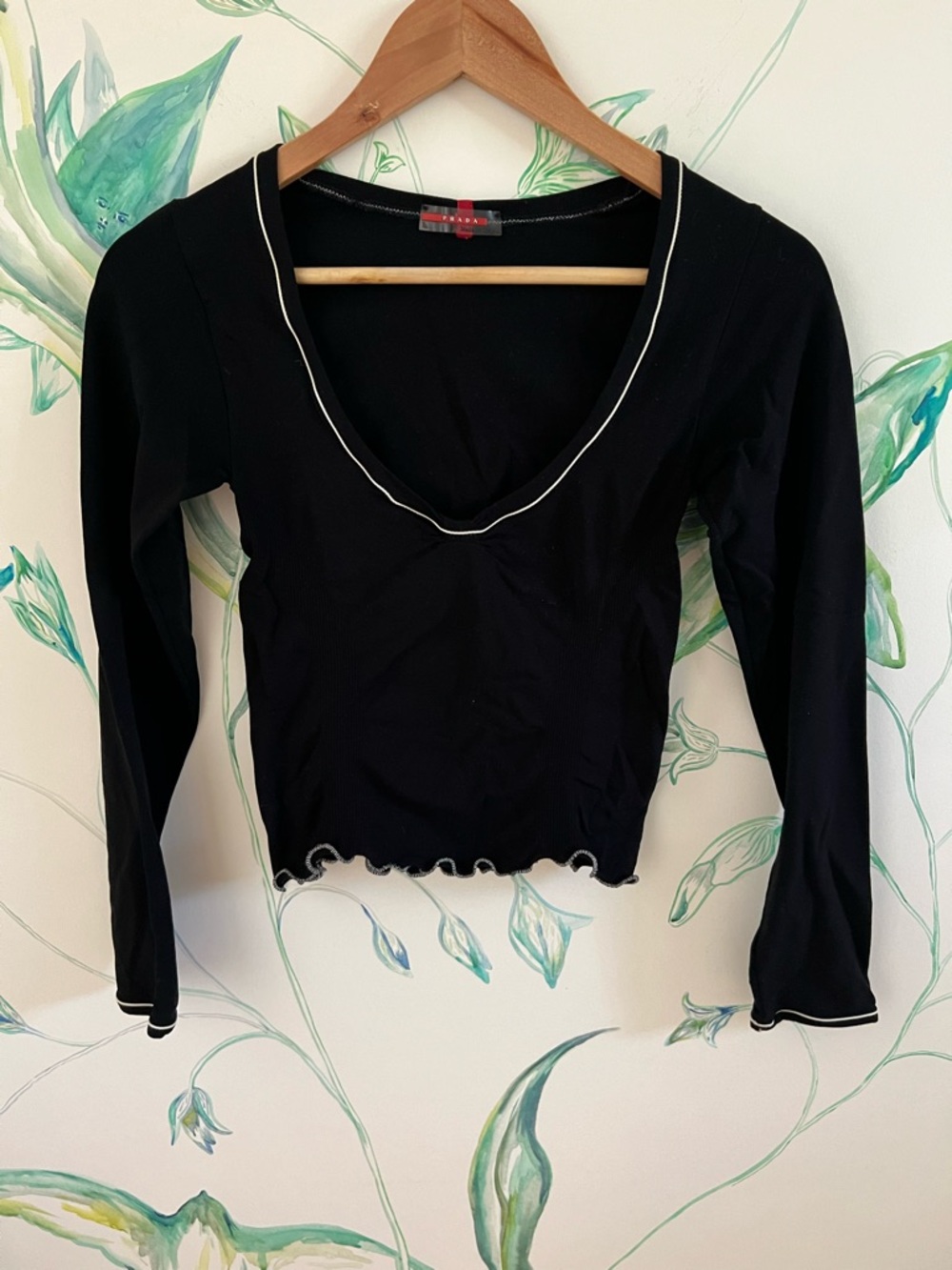 Vintage Prada Black Long Sleeve V-Neck Top with Contrast Trim - Women